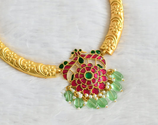 Gold tone pink-green kundan jadau flower peacock hasli necklace dj-50688