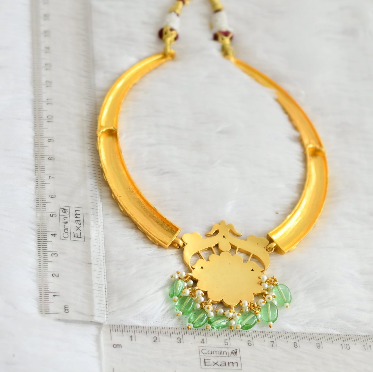 Gold tone pink-green kundan jadau flower peacock hasli necklace dj-50688