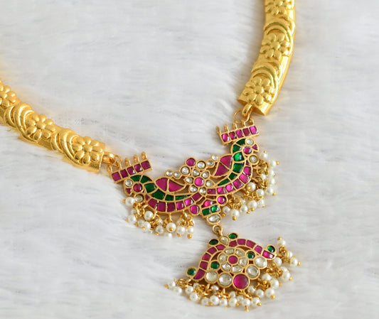 Gold tone pink-green-white kundan jadau hasli necklace dj-50689