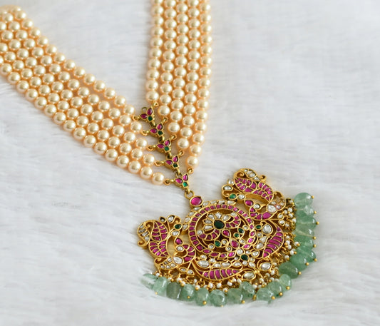Matte finish pink-green-white kundan jadau peacock green-gold pearl rani haar dj-50694