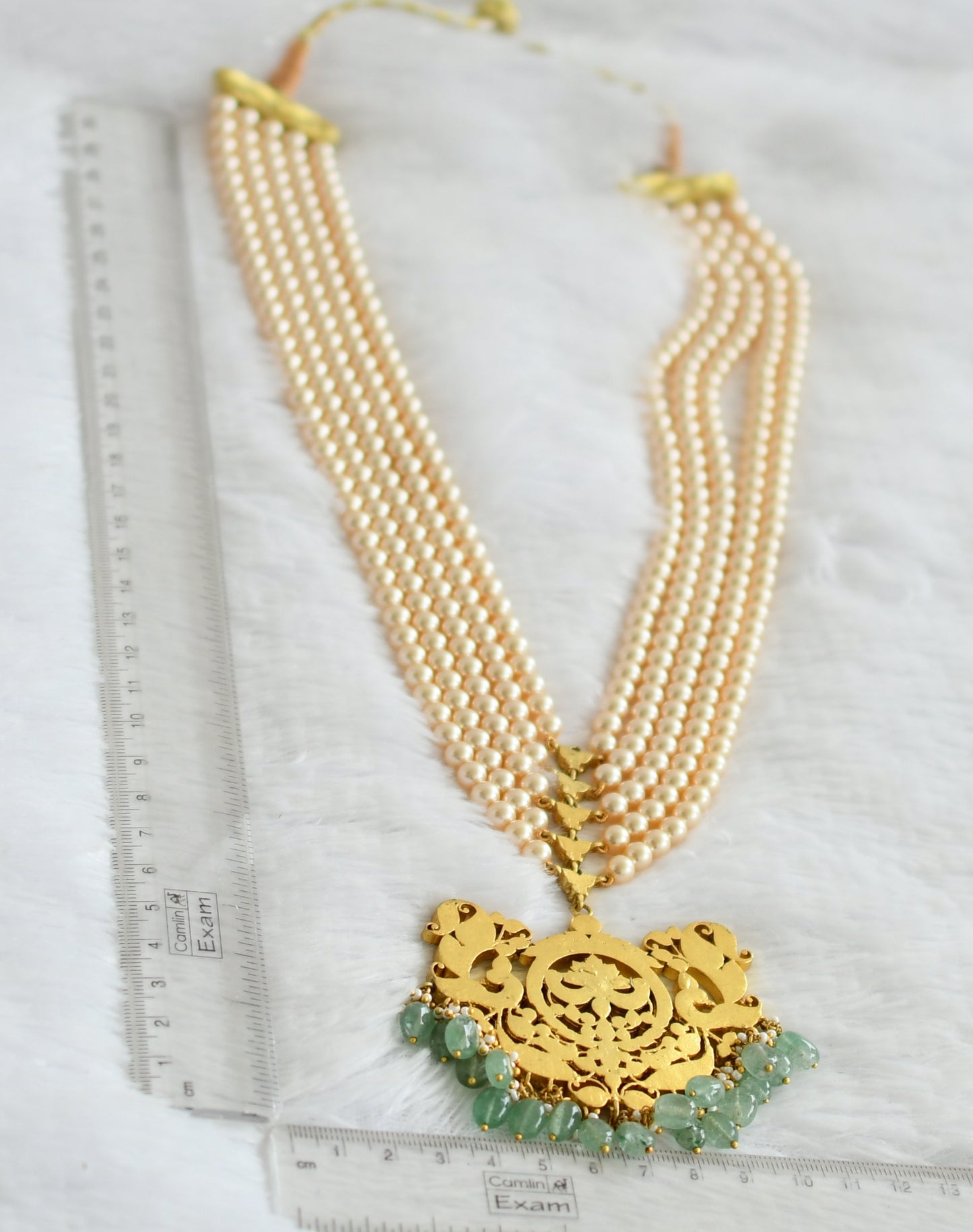 Matte finish pink-green-white kundan jadau peacock green-gold pearl rani haar dj-50694