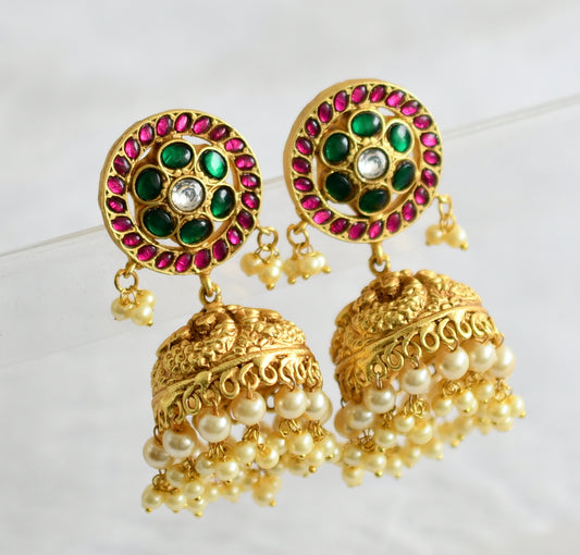 Matte finish pink-green-white kundan jadau flower peacock jhumkka dj-50710