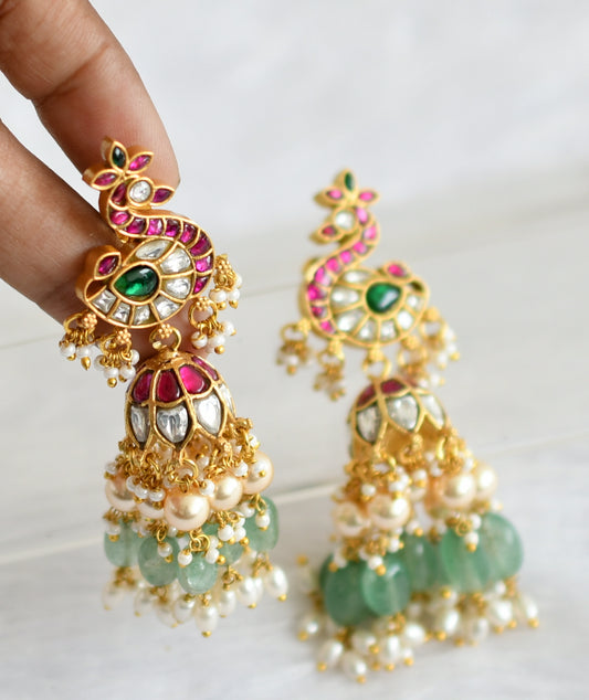 Gold tone pink-green-white kundan jadau peacock green-pearl bead jhumkka dj-50704
