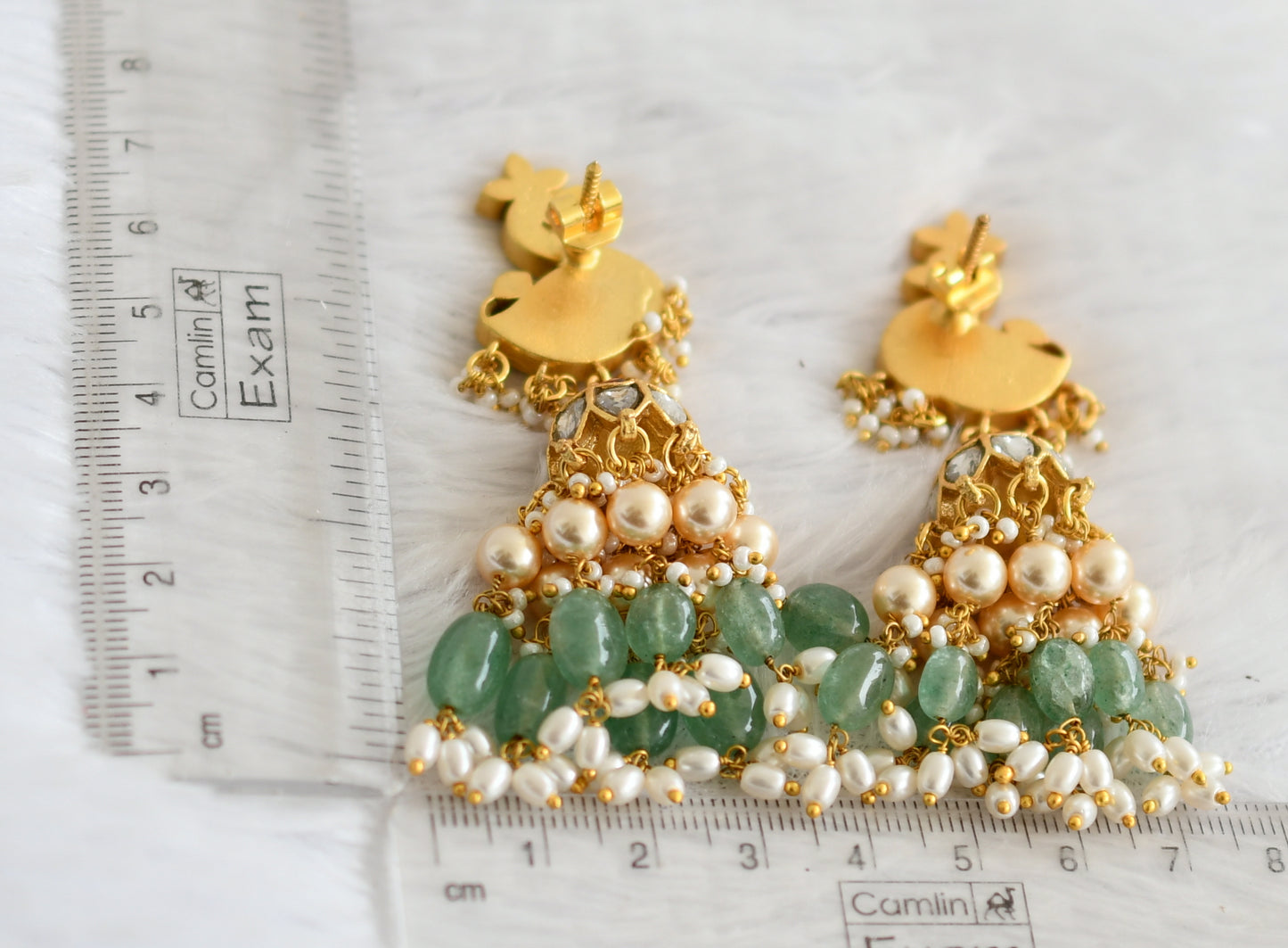 Gold tone pink-green-white kundan jadau peacock green-pearl bead jhumkka dj-50704