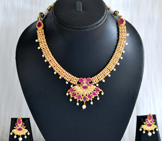 Gold tone cz-ruby pearl necklace set dj-02023