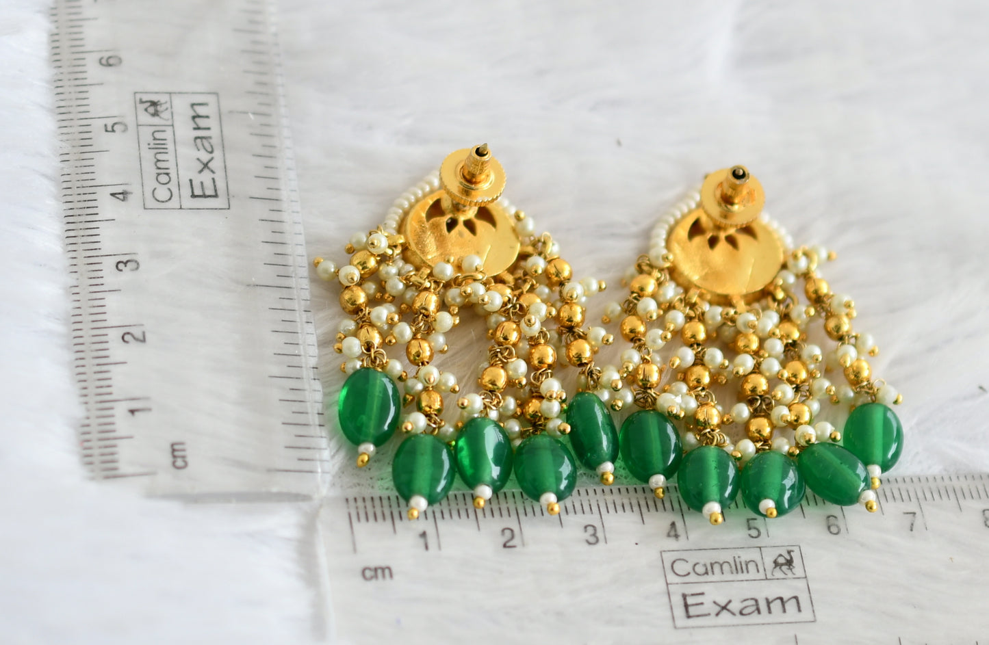 Gold tone pink-green-white kundan jadau green bead earrings dj-50713