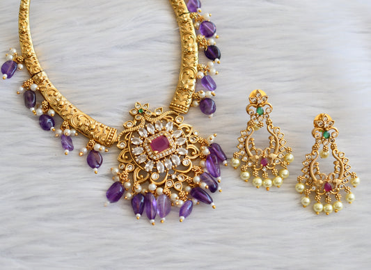 Matte finish ruby-green-white block stone purple beaded kante necklace set dj-45341