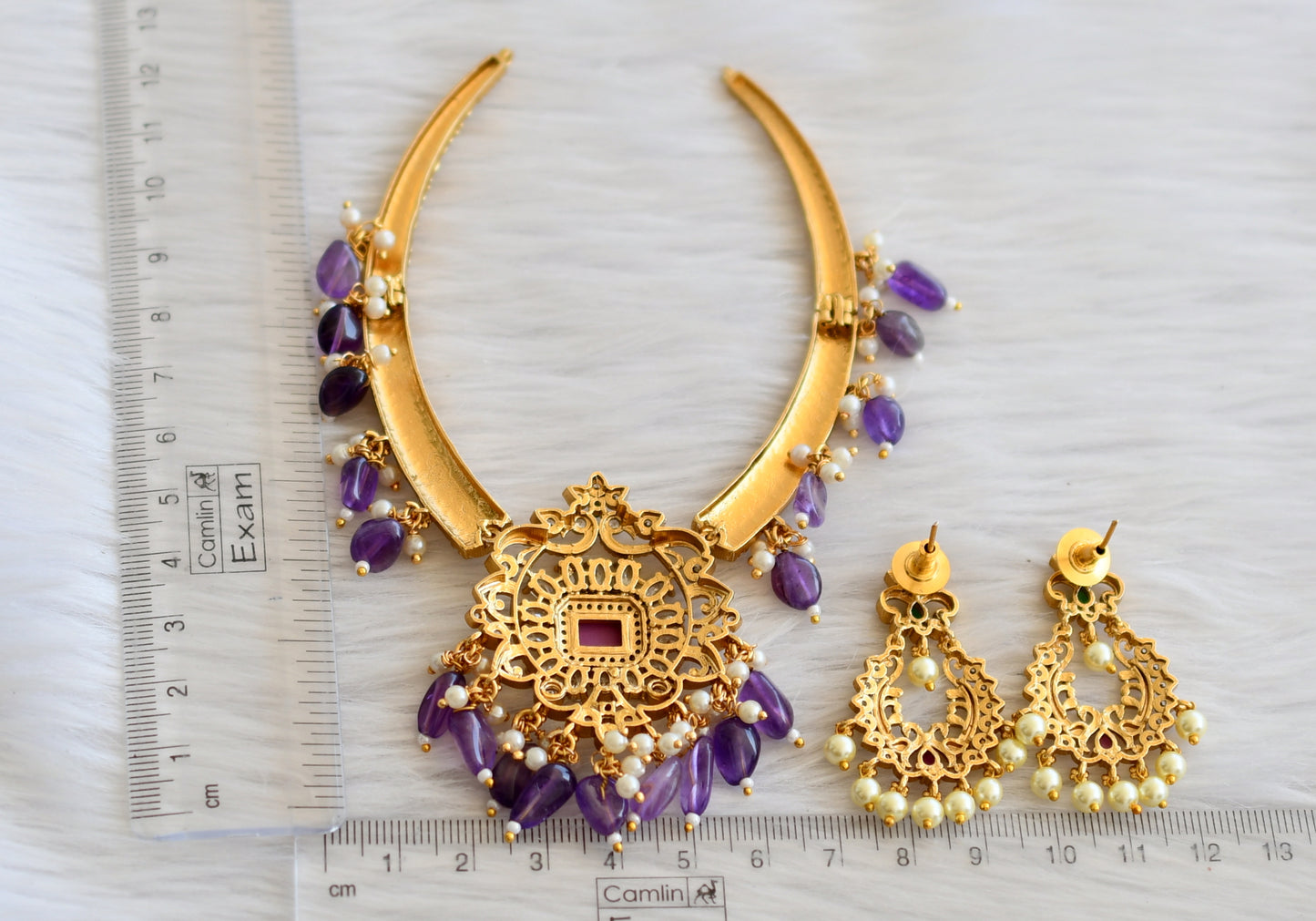 Matte finish ruby-green-white block stone purple beaded kante necklace set dj-45341