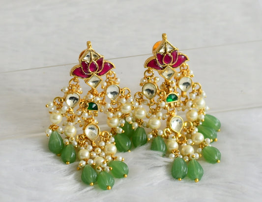 Gold tone pink-white-green kundan jadau green beaded lotus earrings dj-50717