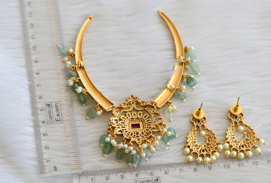 Matte finish ruby-green-white sea green beaded block stone kante necklace set dj-45339