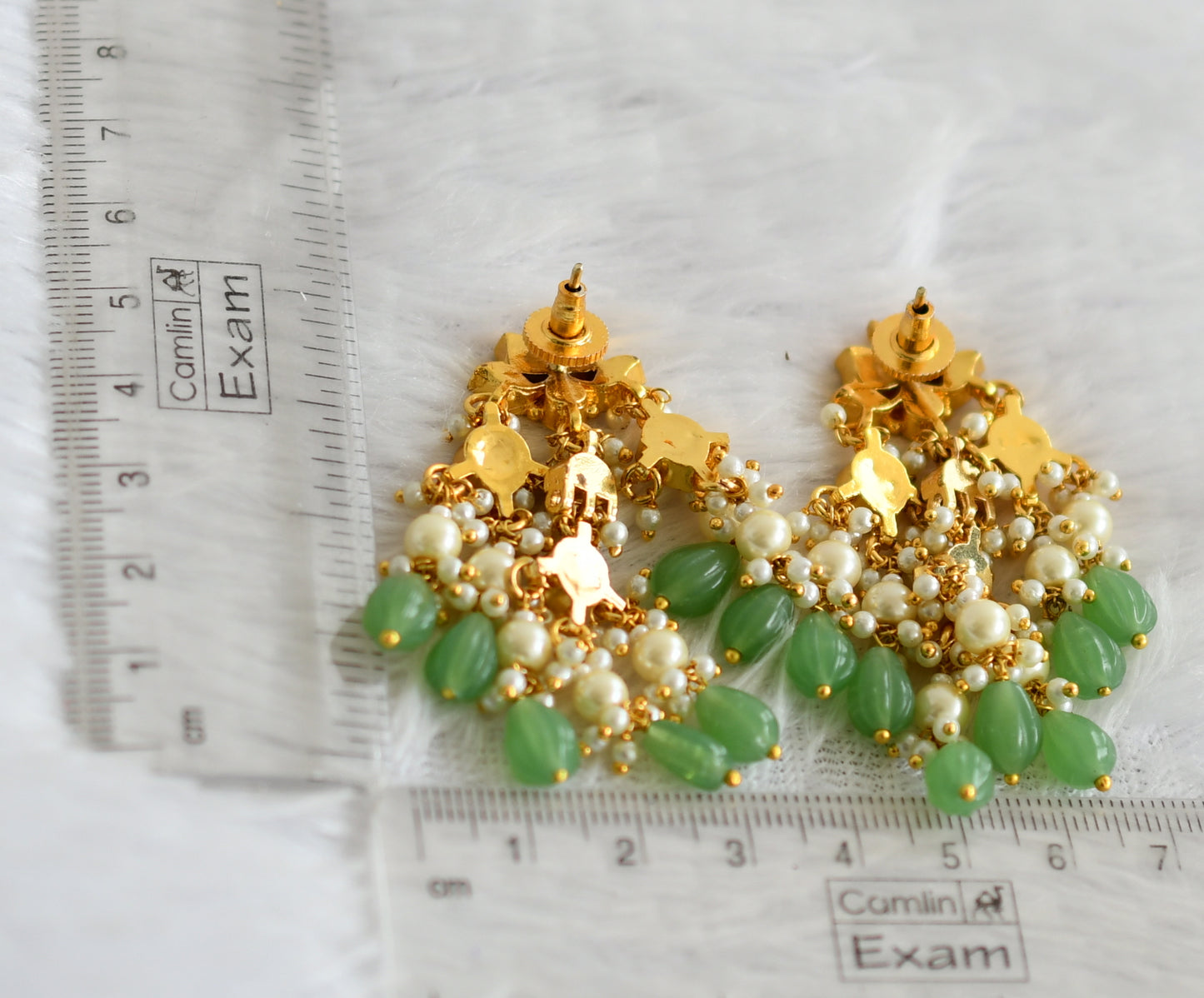 Gold tone pink-green-white kundan jadau green-pearl beaded lotus earrings dj-50715