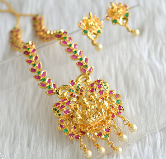 Gold tone ruby-emerald lakshmi necklace set dj-02030
