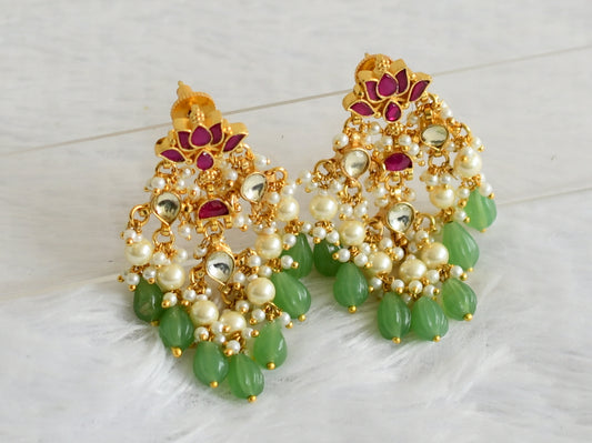 Gold tone pink-white kundan jadau green-pearl beaded lotus earrings dj-50716