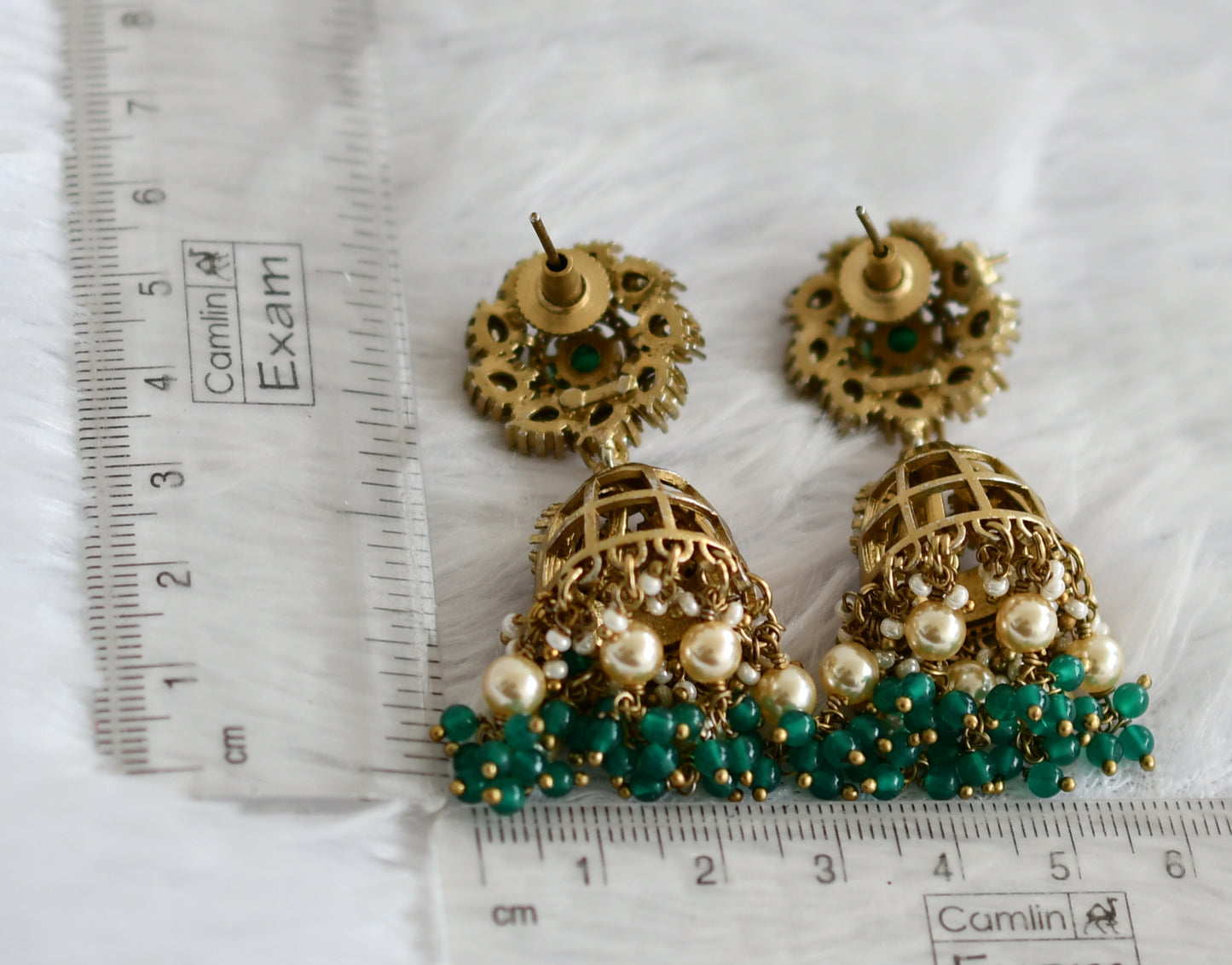 Antique pink-green-white stone green-pearl beaded jhumkka dj-50720