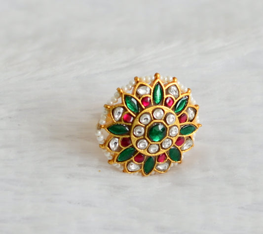 Gold tone green-pink-white kundan jadau pearl flower adjustable finger ring dj-50699