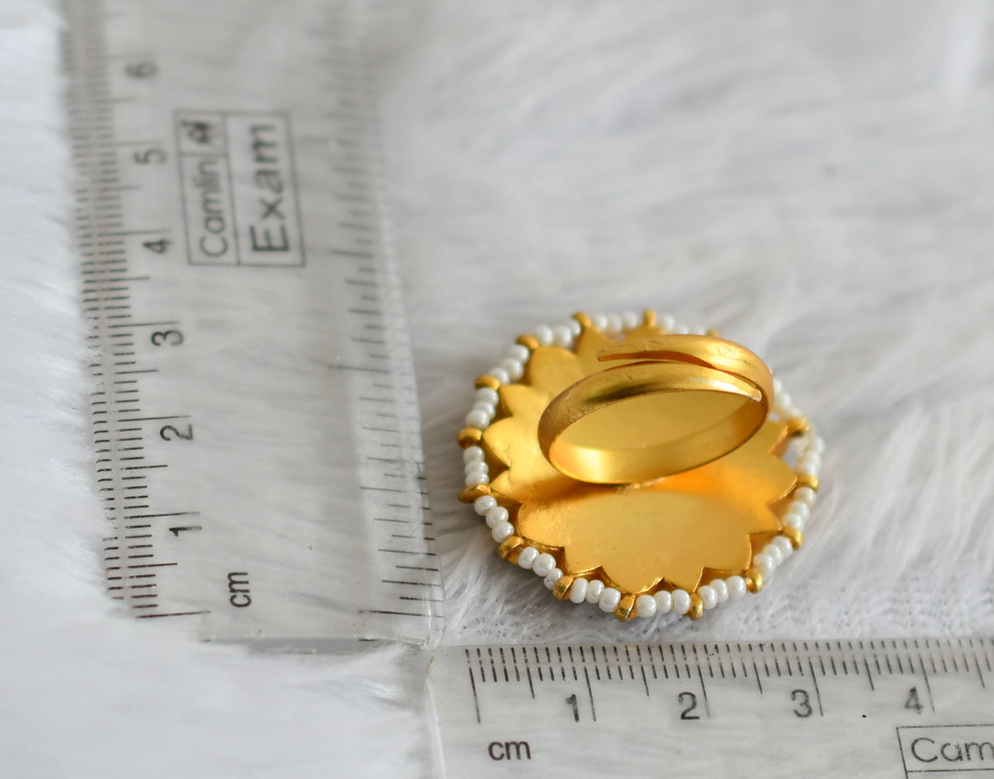 Gold tone green-pink-white kundan jadau pearl flower adjustable finger ring dj-50699