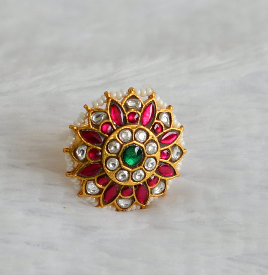 Gold tone pink-green-white kundan jadau pearl flower adjustable finger ring dj-50698