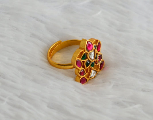 Gold tone pink-green-white kundan jadau adjustable finger ring dj-50697
