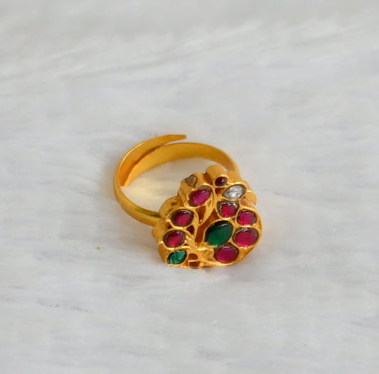 Gold tone pink-green-white kundan jadau peacock adjustable finger ring dj-50700