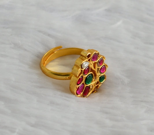 Gold tone pink-green-white kundan jadau peacock adjustable finger ring dj-50701