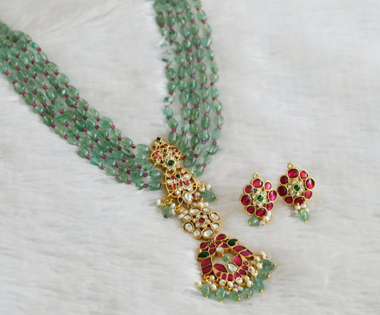 Matte finish pink-green-white kunan jadau Aventurine layer green beaded haar set dj-50695