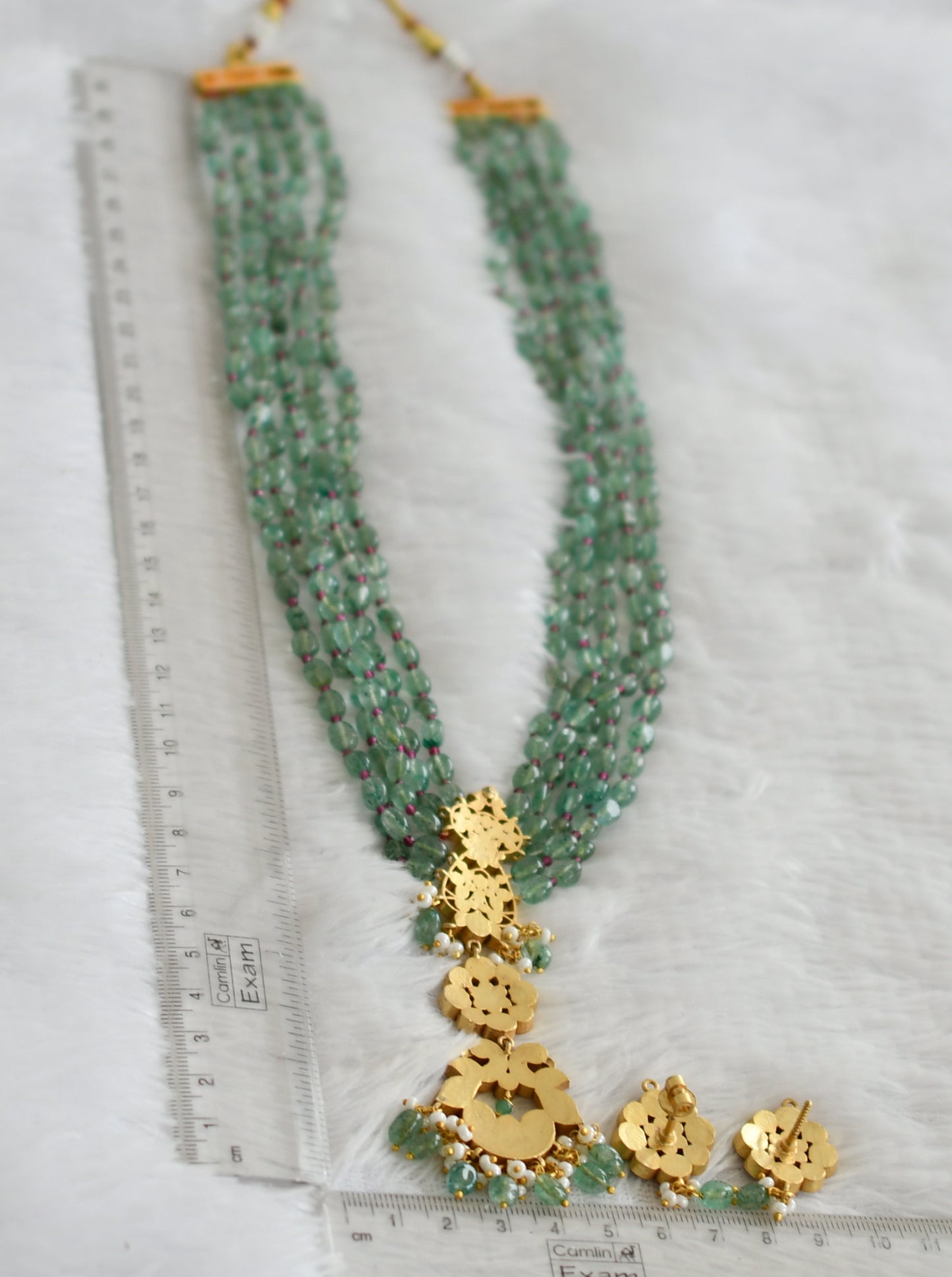 Matte finish pink-green-white kunan jadau Aventurine layer green beaded haar set dj-50695