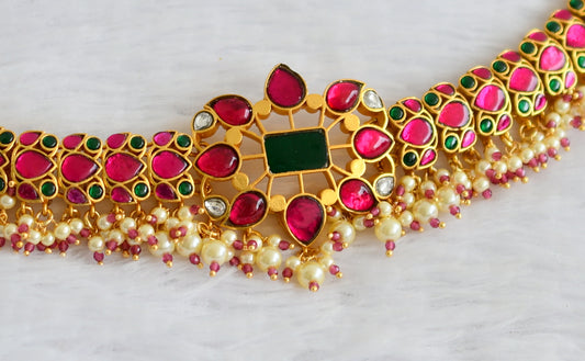 Matte finish pink-green kundan jadau pearl beaded choker necklace dj-50691