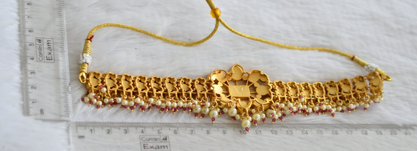 Matte finish pink-green kundan jadau pearl beaded choker necklace dj-50691
