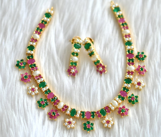 Gold tone ruby-green-pearl stone flower necklace set dj-43719