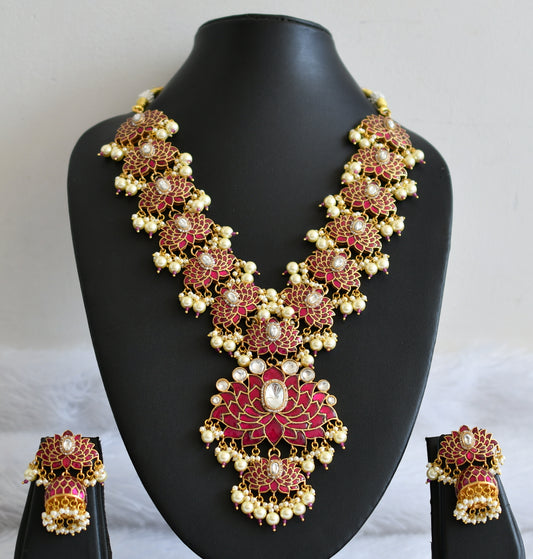 Gold tone pink-white kundan jadau lotus pearl beaded short haar set dj-50696