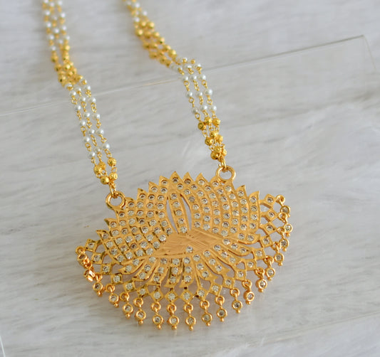Gold tone 18 inches gold-pearl bead multi layer chain with ad white lotus pendant dj-47039