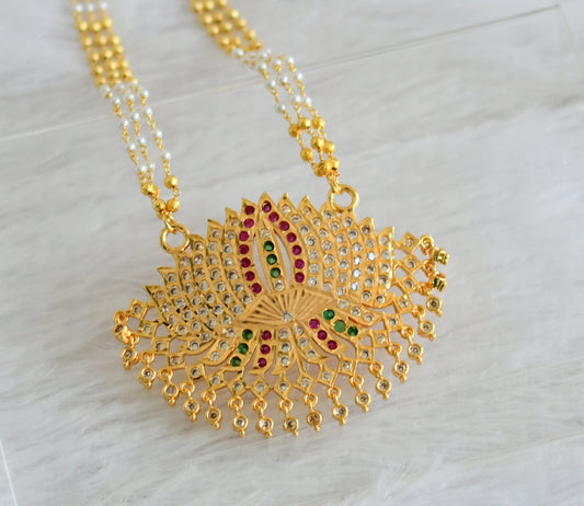 Gold tone 18 inches gold-pearl bead multi layer chain with ad pink-green-white lotus pendant dj-47040