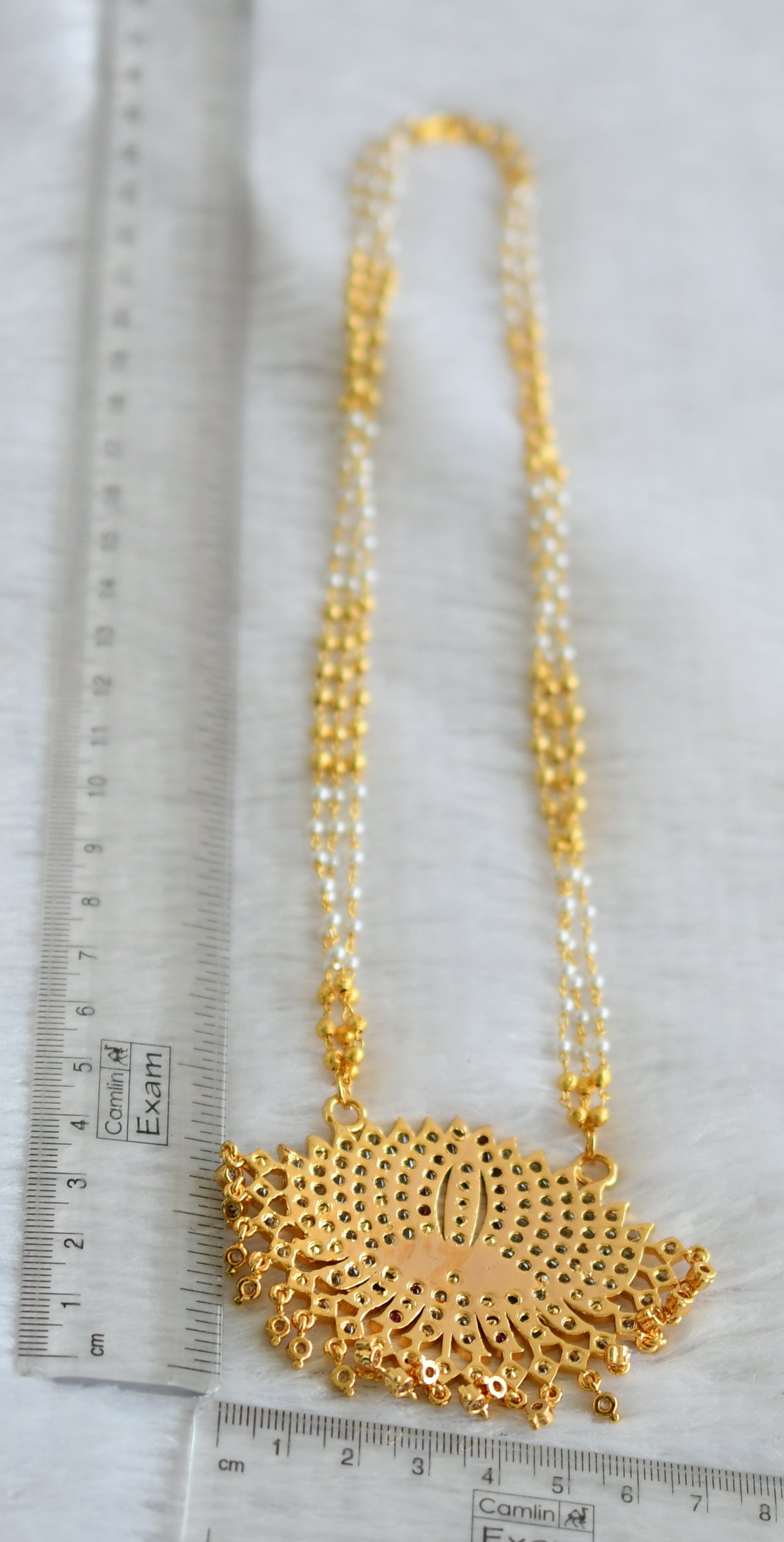 Gold tone 18 inches gold-pearl bead multi layer chain with ad pink-green-white lotus pendant dj-47040