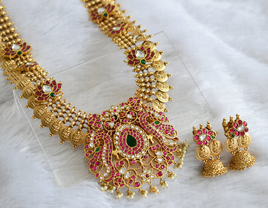 Antique gold Pink-green-white kundan jadau Lakshmi coin-Lotus haar set dj-36316