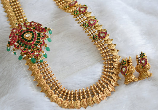 Antique gold tone Pink-green-white kundan jadau Lakshmi coin haar set dj-36318