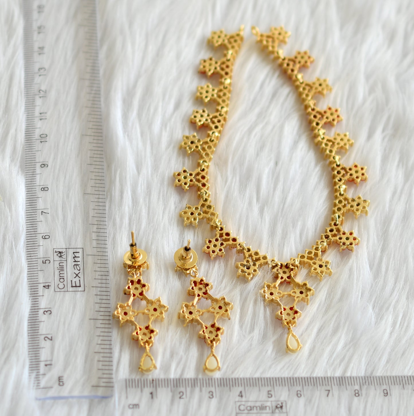 Gold tone pearl-coral stone flower necklace set dj-43722