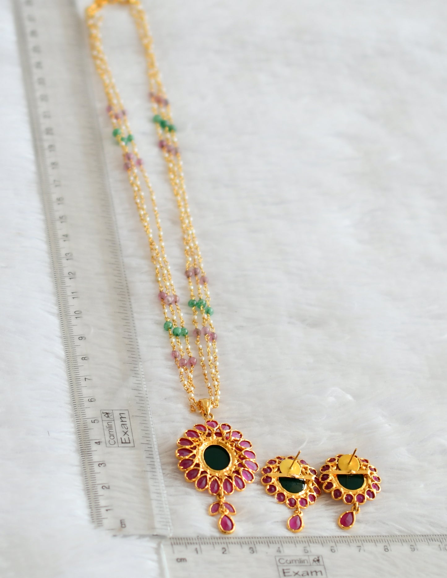 Gold tone pink-green pearl chain with ruby-green uncut polki pendant set dj-50742