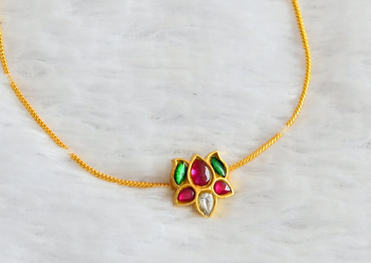 Gold tone pink-green-white kundan jadau lotus kids choker necklace dj-50745