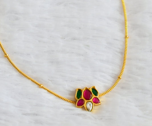 Gold tone pink-green lotus kundan jadau kids choker necklace dj-50744