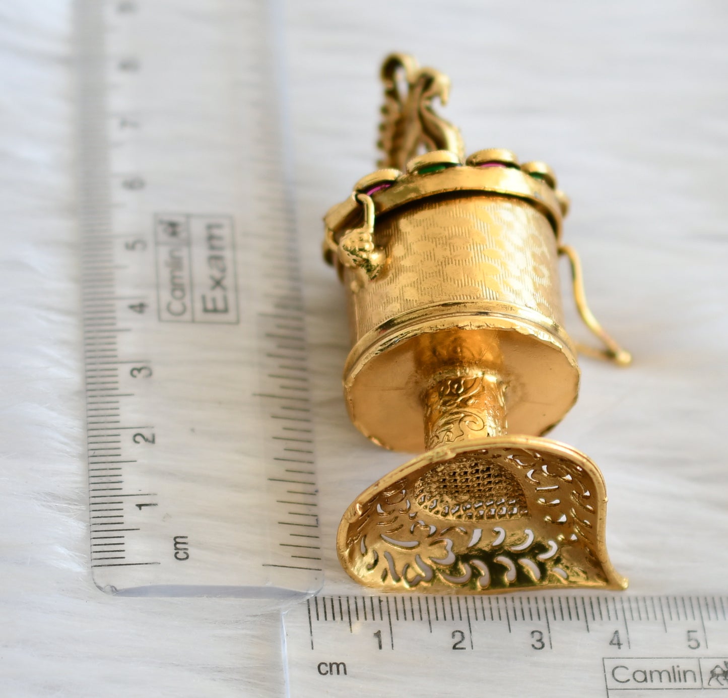 Antique gold tone kemp-green peacock kumkum box dj-45366
