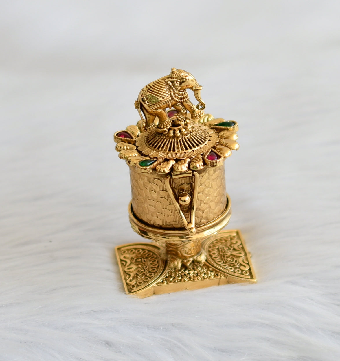 Antique gold tone kemp-green elephant kumkum box dj-45367