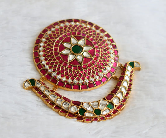 Gold tone pink-green-white kundan jadau big round flower pendant/hair jwell dj-50732
