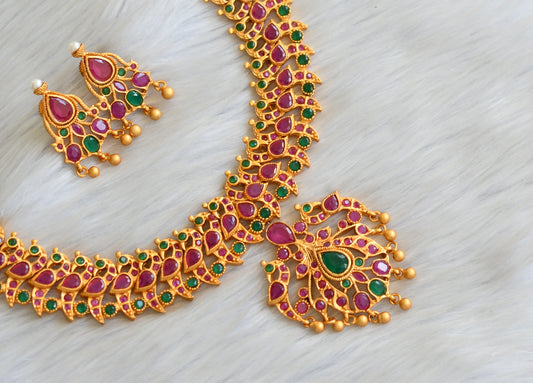Matte finish ruby-emerald peacock necklace set dj-11008