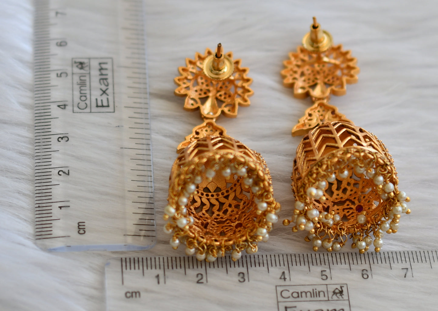 Matte finish cz ruby-white peacock flower jhumkka dj-45389