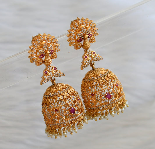 Matte finish cz ruby-white peacock flower jhumkka dj-45389