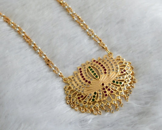 Gold tone ad ruby-green-white double layer pearl chain with lotus pendant dj-47047