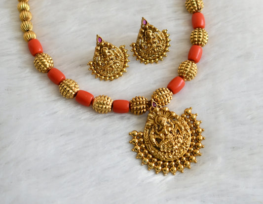 Matte finish coral beaded kemp stone lakshmi necklace set dj-47049