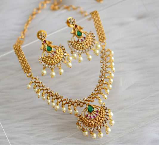 Matte finish cz ruby-green-white pearl necklace set dj-43743