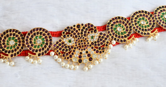 Gold tone precious kemp-green-white peacock pearl ganda berunda waist band dj-50789