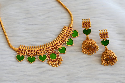 Matte finish red-green palakka kerala style necklace set dj-45405